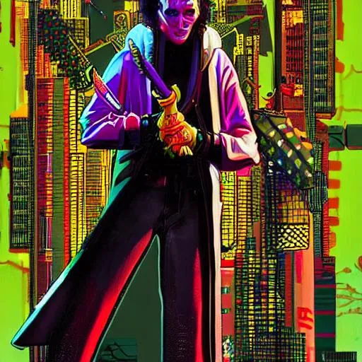 Prompt: Realistic Polyamide horror cyberpunk priest character. Baseball bat as a weapon. Dark mute tones with pops of bright colours. Intricate detailing and focus. background city. Artists like Christopher c. Lee and hannah, dahli