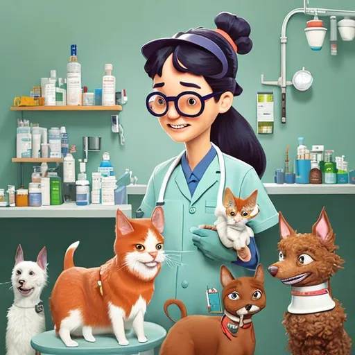 Prompt: close-up of smiling veterinary technician in veterinary clinic, with dogs en cats, high detailed, inspired by mo willems + anton pieck + atey ghailan + richard scarry + ashley wood + james jean, cartoon, watercolor splashes,  in style of disney pixar