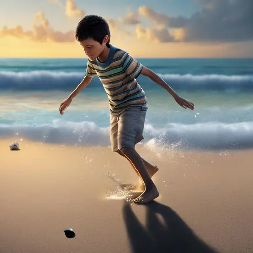 Prompt: photorealistic, full color, a 12 year old boy playing on a beach, 8k