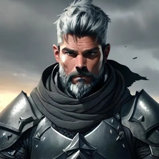 Prompt: portrait Karl Urban, grey plate armor, no eyes, black tattered scarf, silver hair and beard, dusk background