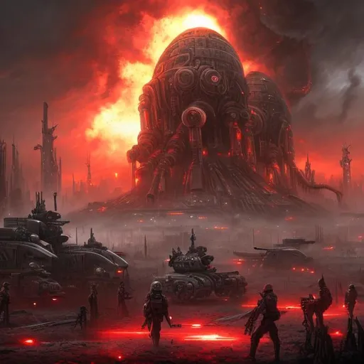 Prompt: Evil dictatorship, red lights, Biological mechanical war machine, fantasy art style, dystopian, apocalyptic, explosion, nuclear weapons, painting, guns, soldiers 