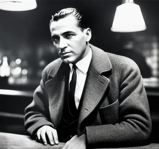 Prompt: 1930s picture, mafia, coat, sitting on table, bar, dark, old picture