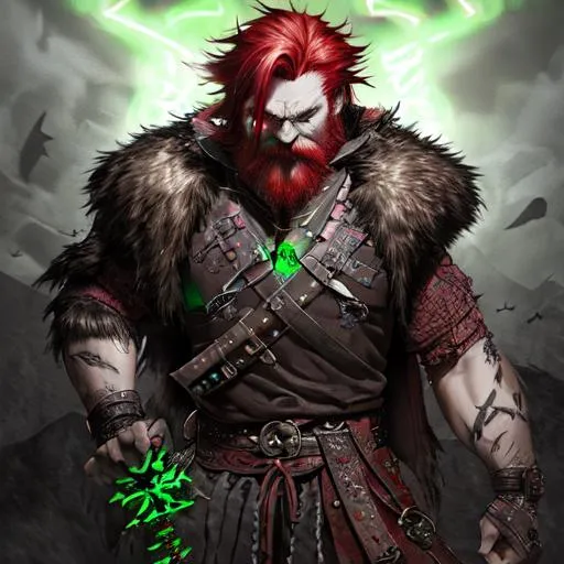 Prompt: sinister viking man, chaotic evil, red hair, short messy hair, neon green bandana around the neck, dark brown eyes with green highlights, dark brown long-sleeve shirt, pants, leather armor, two daggers, dozen throwing knives