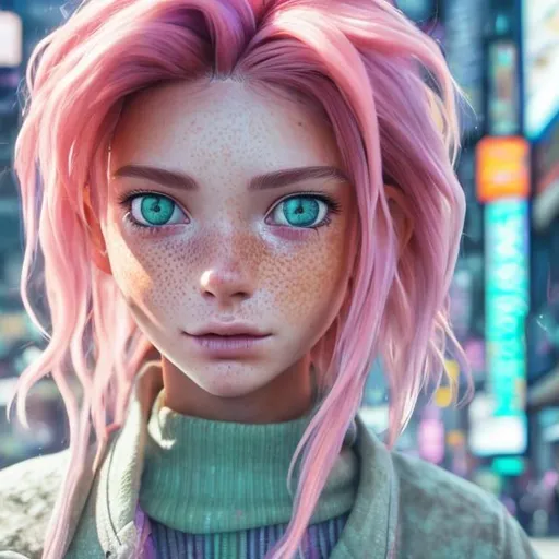 Prompt: New character. Stunning. Cute. Freckles. Dimples. Mesmerising . Pheromones. Innocent. Naive. Alluring. Young woman. beauty. Interesting eye makeup. Pastel coloured hair. Incredibly gorgeous. Sweet. Very Futuristic clothes. Realistic. Gritty. Detailed. Medium close-up. Neo Tokyo background