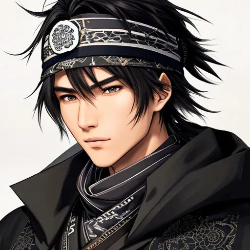 Prompt: A highly realistic and extremely detailed face full photocentric view of an 18 year old stripling Japanese male character. Wearing a black cloak over his vagabond samurai kimono that he wears under and also wearing an intricate patterned bandana on his head and wearing a Cotton Shemagh Tactical Desert Scarf Wrapped on his neck. The character should be modeled after an fantastical Ronin young prince with handsome long, messy, and wavy silvery black hair, thin arched eyebrows, and striking golden eyes. The artwork should be created in either 4K or 16K resolution and should be of photo realistic quality."
((Width: 512)), ((Height: 627)))