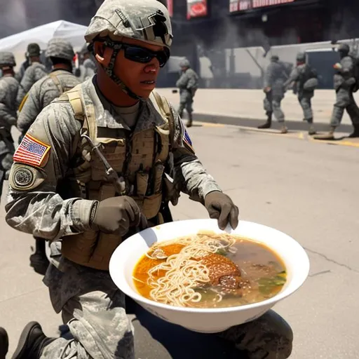 Prompt: A american soldier fighting for ramen
