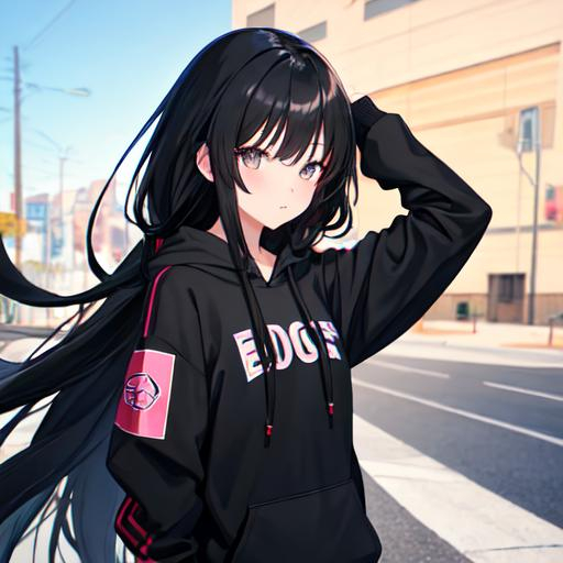 Black long hair anime high school cool girl with bla