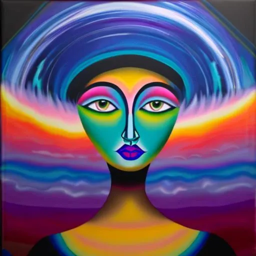 Prompt: Surreal portrait of beautiful female, cosmic landscape background, acrylic on canvas in style of post modernism 