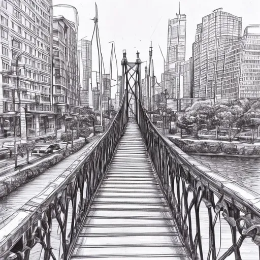 Prompt: Bridge and a street detailed pen drawing 