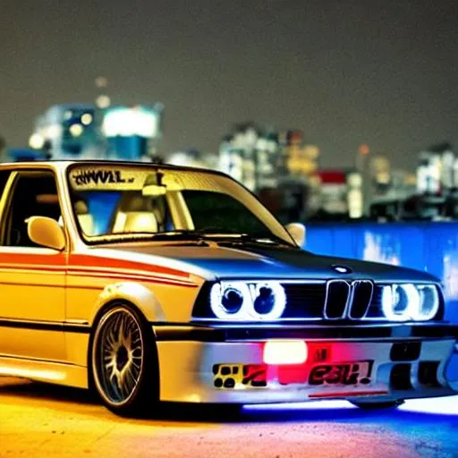 Prompt: customised bmw e30 with widebody. driving at night time in a futuristic dark cyberpunk city with skyscrapper and building wich are covered in neon light in the background.