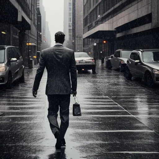 Prompt: a guy in a worn suit with a an untied tie on looking sad, walking on the sidewalk  in a grey and 
sad city while is raining with a small picture in his hand. we are watching him from the other side of the sidewalk
