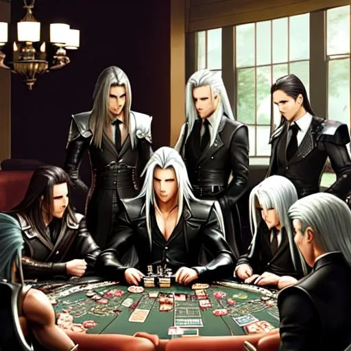 Prompt: Sephiroth from Final Fantasy and his army of clones playing poker together