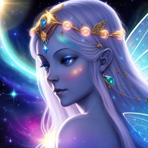 Prompt: Fairy goddess of light,etherial light,cosmic being,closeup,cosmic background