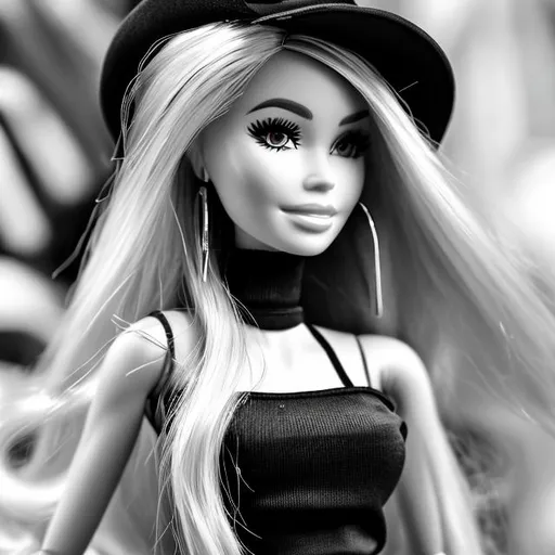 Prompt: Barbie but she is mafia , in the 80s, black and white , hd photo, 4k resolution, no blurry, wearing fedora hat, no closeup camera