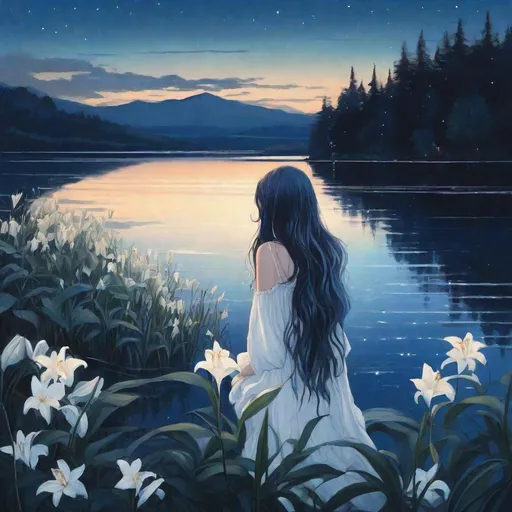 Prompt: girl crying by the edge of a lake, blue, long hair, white, lilies, night