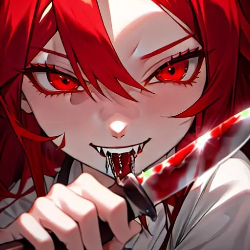 Prompt: Haley (long bright red hair) 8k, UHD, smiling sadistically, eyes wide open, licking the blade of a bloody knife, close up