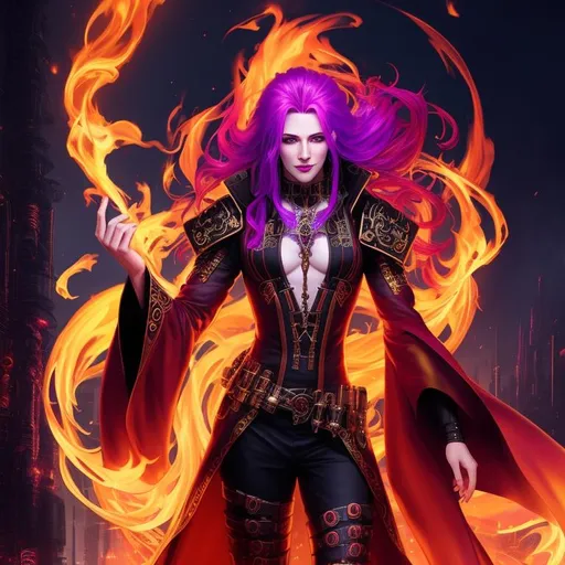 Prompt: ((fire witch)), cyberpunk, fantasy, elaborate outfit, long hair, pale skin, large chest, grin, symmetrically colored hair, ((full body)) {{good looking}} {{cute}} {{good body}} {{tight}}, {{shadows}},