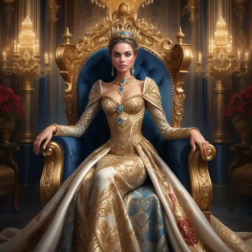 Prompt: Regal queen, adorned in a lavish gown shimmering with jewels, seated upon an ornate golden throne, surrounded by rich fabrics and intricate patterns, atmospheric soft lighting radiates elegance. The background features a majestic castle interior, contributing to a grand and royal ambiance. High detail and ultra-detailed, capturing the essence of royalty and sophistication perfectly.