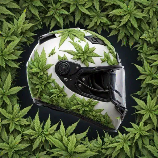 Prompt: Give me a illustration of a Hyper-realistic motorcycle helmet overgrown with cannabisbuds, highly detailed, realistic, high resolution, hdr, 4k,64k, wide-angle 