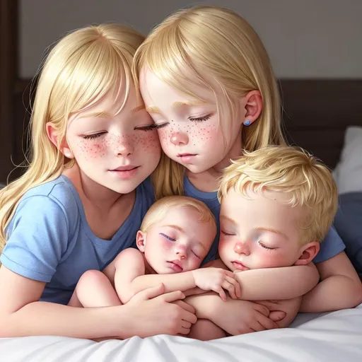 Prompt: 2 kids, Blonde hair, freckles, perfect skin, blushing, full body, half long hari, child, beautiful, blue eyes, blonde hair, eyes closed, child 5 days old, full lips, sleeping,cute sleeping, 4K, 16K, highly realistic, extremely detailed, photo realistic, photo quality, anatomically correct