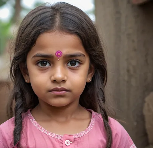 Prompt: a little girl with long wavy hair, a bindi and a pink shirt is staring at the camera with a serious look on her face, portrait photography