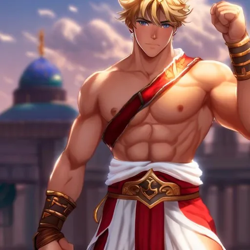 Prompt: A gorgeous male gladiator with a perfect muscled physique.  He is handsome and has blonde hair and blue eyes with freckles. His skin is light.  He’s a pugilist that fights with his fists and is wearing a toga and sandals. In an anime style.
