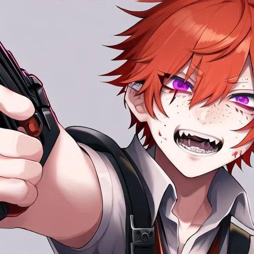 Prompt: Erikku male adult (short ginger hair, freckles, right eye blue left eye purple)  UHD, 8K, Highly detailed, insane detail, anime style, covered in blood, psychotic, pointing a shotgun straight at the camera, 