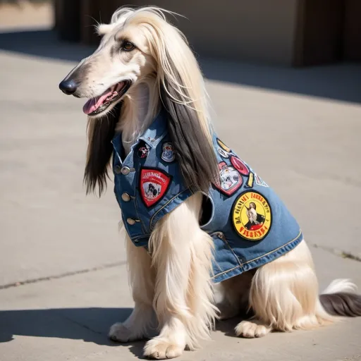 Prompt: Afghan hound wearing a heavy metal music denim vest with patches