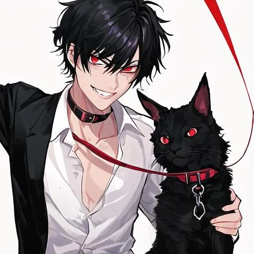 Prompt: Damien  (male, short black hair, red eyes) wearing a collar and holding a leash pulling on it. grinning seductively 
