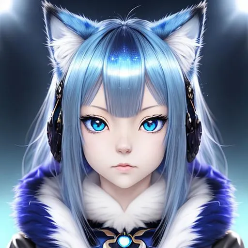 Prompt: anime portrait of a cute cat, anime eyes, beautiful intricate blue fur, shimmer in the air, symmetrical, in re:Zero style, concept art, digital painting, looking into camera, square image