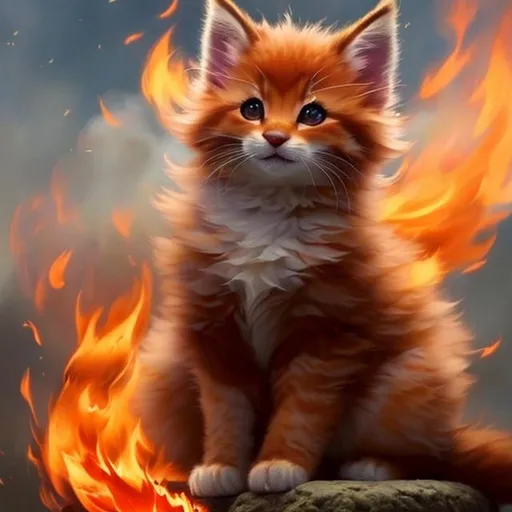 Prompt: Cute, red, fluffy, fire kitten, possessing the element of fire and making circles of fire
 move around in the air in a magical way. Perfect features, extremely detailed, realistic. Krenz Cushart + loish +gaston bussiere +craig mullins, j. c. leyendecker +Artgerm.