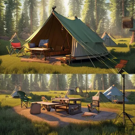 Prompt: Create a luxury outdoor camping, glamping scene. multiple campsites. Professional Photo Realistic Image, hyper detailed, intricately detailed, intricate detail, 8k resolution, masterpiece, splash arts, ultra details Ultra realistic, hi res, UHD, 64k, HDR.