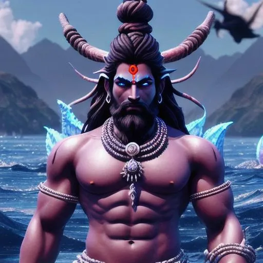 Prompt: Massive Lord Shiva standing in tidal dark tsunami armed with traditional Hindu trishul weapon, cobras around neck as necklace, battle stanced, bearded, blue skin with Hindu tattoos, hd, hyperrealism, glowing eyes, powerful aesthetic, unreal engine render, fantasy art 4k, ultra HD render, 4k digital art, 4k digital photography, motion blur, intricately detailed, cultural detail to weapons and Zeus