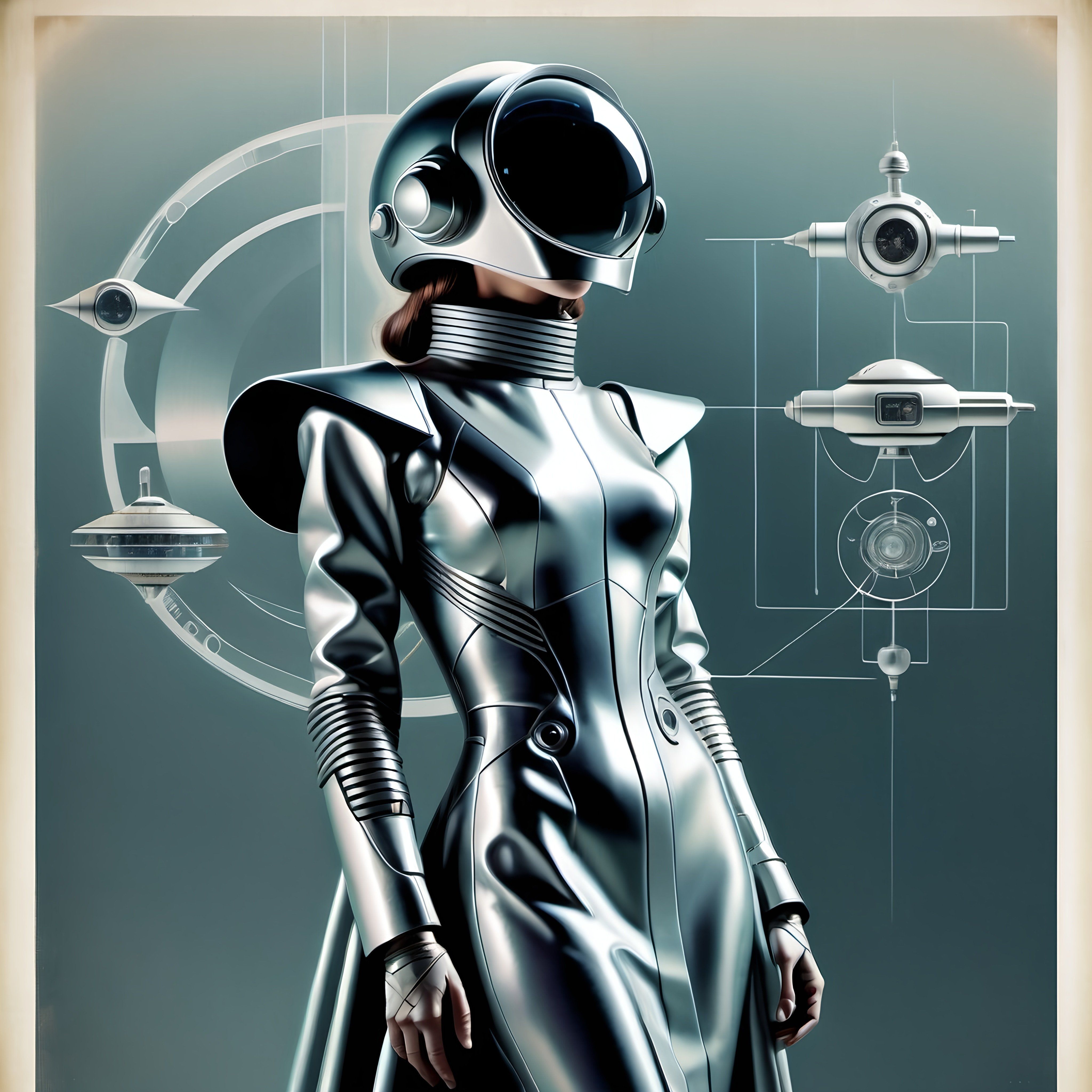 Prompt: a woman in a futuristic suit and helmet standing in front of a futuristic machine and a clock tower in the background sci fi, an ultrafine detailed painting