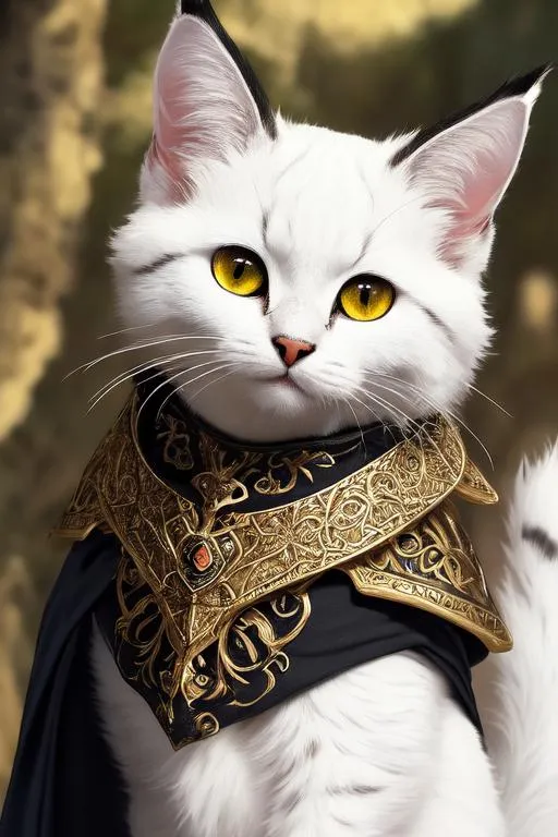 Prompt: 4 winged cat, multiple eyes on the head, (masterpiece), (best quality:1.2), (intricate detail), dynamic angle, looking at viewer, (1male), ((solo)), (((full body))), (slender), (((tabaxi))), (((white fur))), ((blue pupils)), (((light armor))), black armor, ((cloak)), mysterious, ((ominous expression))