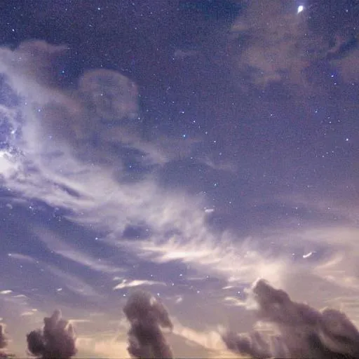 Prompt: The night sky with clouds shaped as people