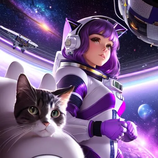 Prompt: gorgeous, stunning body, woman, with purple hair surrounded by cats of various colors and sizes on a space station. Girl wearing cute pink and purple space suit, cats in astronaut suits. Background shows vastness of space with numerous stars and galaxies. Modern, sleek space station with mechanical components. Whimsical, futuristic scene of girl and cats exploring space together, 8k, realistic, radiant, 8k, cinematic lighting, 35mm f1. 4, fuji color film