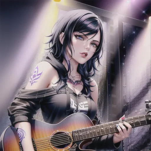 Prompt: modern movie poster

scenic of ultra realistic oil painting of Kat Von D in black hoodie emo top, wearing denim shorts, playing a black electric guitar, beautiful face, beautiful blue eyes, beautiful detailed nose, highly detailed beautiful gloss lips, short black hair with purple highlights, tattoos

in a bar, singing, silhouettes of band mates in background, bats flying in background

short black hair with purple highlights, screaming, natural light, sunshine, studio lighting, beautiful shading, vintage, cozy,

masterpiece, intricate highly fluid gouache illustration drip, volumetric lighting maximalist photo illustration 4k, resolution high res intricately detailed complex, soft focus, digital painting, digital art, clean art, elegant, professional, colorful, rich deep color concept art, CGI winning award, highly realistic, UHD, HDR, 8K, RPG, inspired by wlop, Painting By Olga Shvartsur, UHD render, HDR render, 3D render cinema 4D