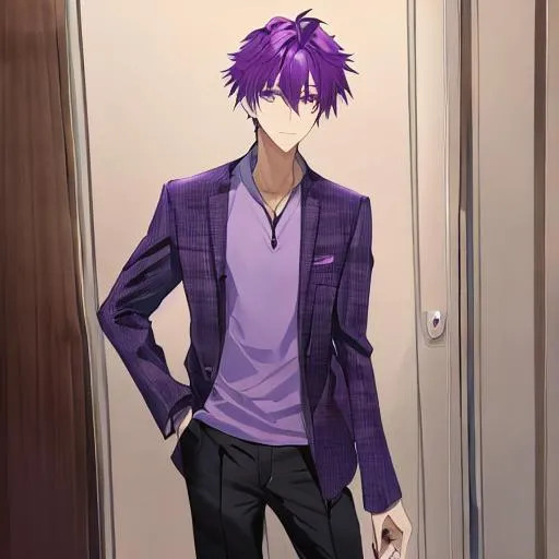 Prompt: male, purple hair, brown eyes, tall, handsome

