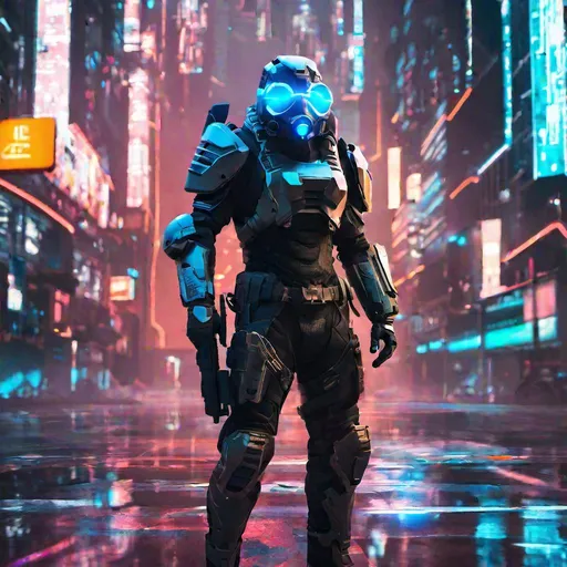 Prompt: Armoured, Combine Soldier, Futuristic, Gas-mask, Glowing blue eyes, standing in a futuristic neon city