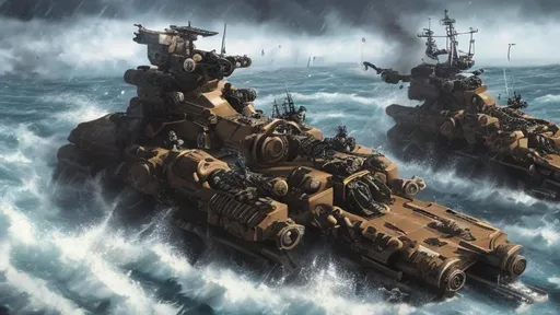 Prompt: battlemech naval war, fighting in a storm 