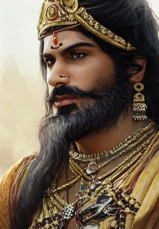 Prompt: Portrait of  a vedic king with black hair and with cute face,  Battlefield background, perfect composition, hyperrealistic, super detailed, 8k, high quality, trending art, trending on artstation, sharp focus, studio photo, intricate details, highly detailed, by greg rutkowski