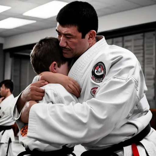 Prompt: a father hugging his son in a karate uniform.
