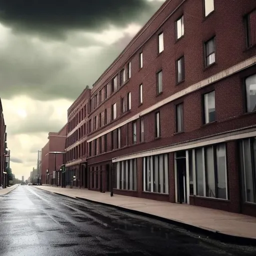 Prompt: 1960s  road tall realistic window brick buildings  cloudy sky rainy weather tall window brick buildings high quality 4k super realistic