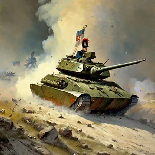 Prompt: Napoleonic War, Hill, Painting Art, main battle tank, fighter jet