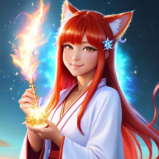 Prompt: oil painting, fantasy, Human girl, tanned-skinned-female, beautiful, red hair, straight hair, cat ears, rosy cheeks, smiling, red kimono, looking at the viewer| Elemental star cleric wearing intricate glowing blue and white holy robes casting a healing spell, #3238, UHD, hd , 8k eyes, detailed face, big anime dreamy eyes, 8k eyes, intricate details, insanely detailed, masterpiece, cinematic lighting, 8k, complementary colors, golden ratio, octane render, volumetric lighting, unreal 5, artwork, concept art, cover, top model, light on hair colorful glamourous hyperdetailed medieval city background, intricate hyperdetailed breathtaking colorful glamorous scenic view landscape, ultra-fine details, hyper-focused, deep colors, dramatic lighting, ambient lighting god rays, flowers, garden | by sakimi chan, artgerm, wlop, pixiv, tumblr, instagram, deviantart