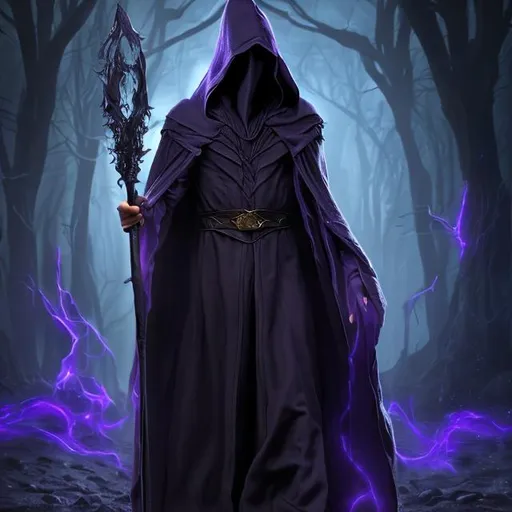 Prompt: dark wizard, purple environment, night, sirius black, elegant clothing, hood over head, long robes, elegant clothing, ultrarealism, full hd, 8k, Elder Wand in hand