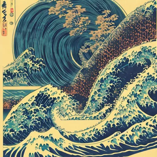 Prompt: old japanese poster art with waves hippie 