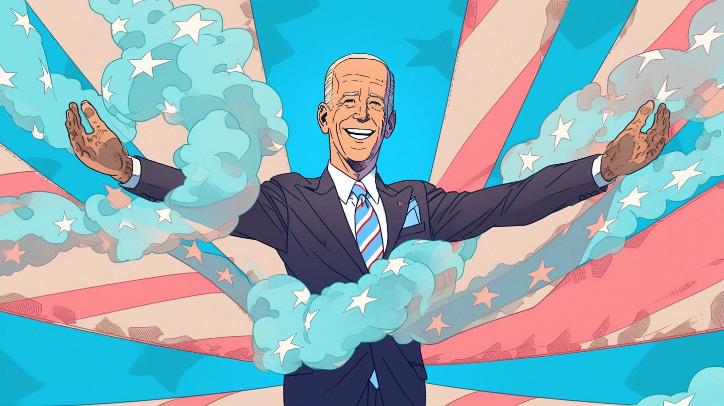 Prompt: Joe Biden drawn in the style of a tall lanky anime character with long legs and a very thin torso, transforming into a magical girl like sailor moon, infront of a large American flag, --ar 16:9 --niji 5 --style expressive
