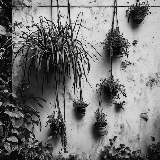 Prompt: dug out plants hanging from the wall, nature, artistic, museum, with roots, black and white, illustration, focus on detail, realistic, sharp, b/w, black and white